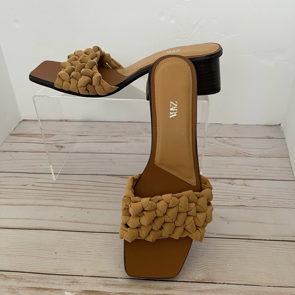 Zara Braided Heel Slipper Shoes Brown Mules Sz 39 EU Sz 8 US Block Heel